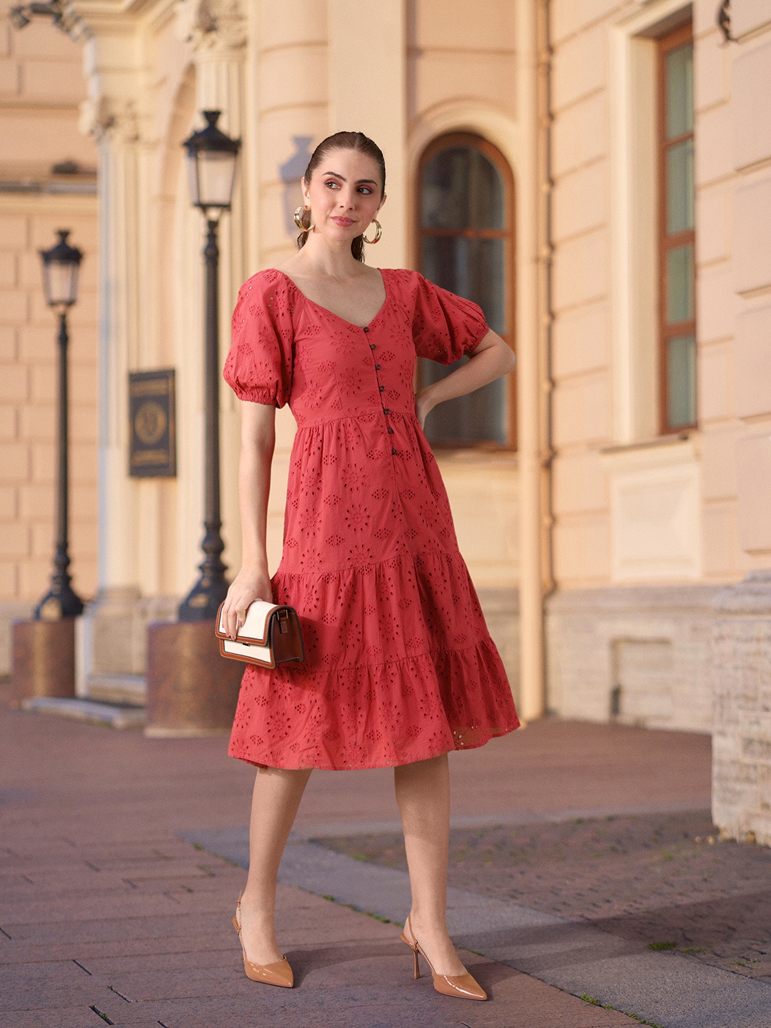 

all about you Floral Embroidered With Cut-out Detail Puff Sleeve Pure Cotton A-Line Dress, Coral