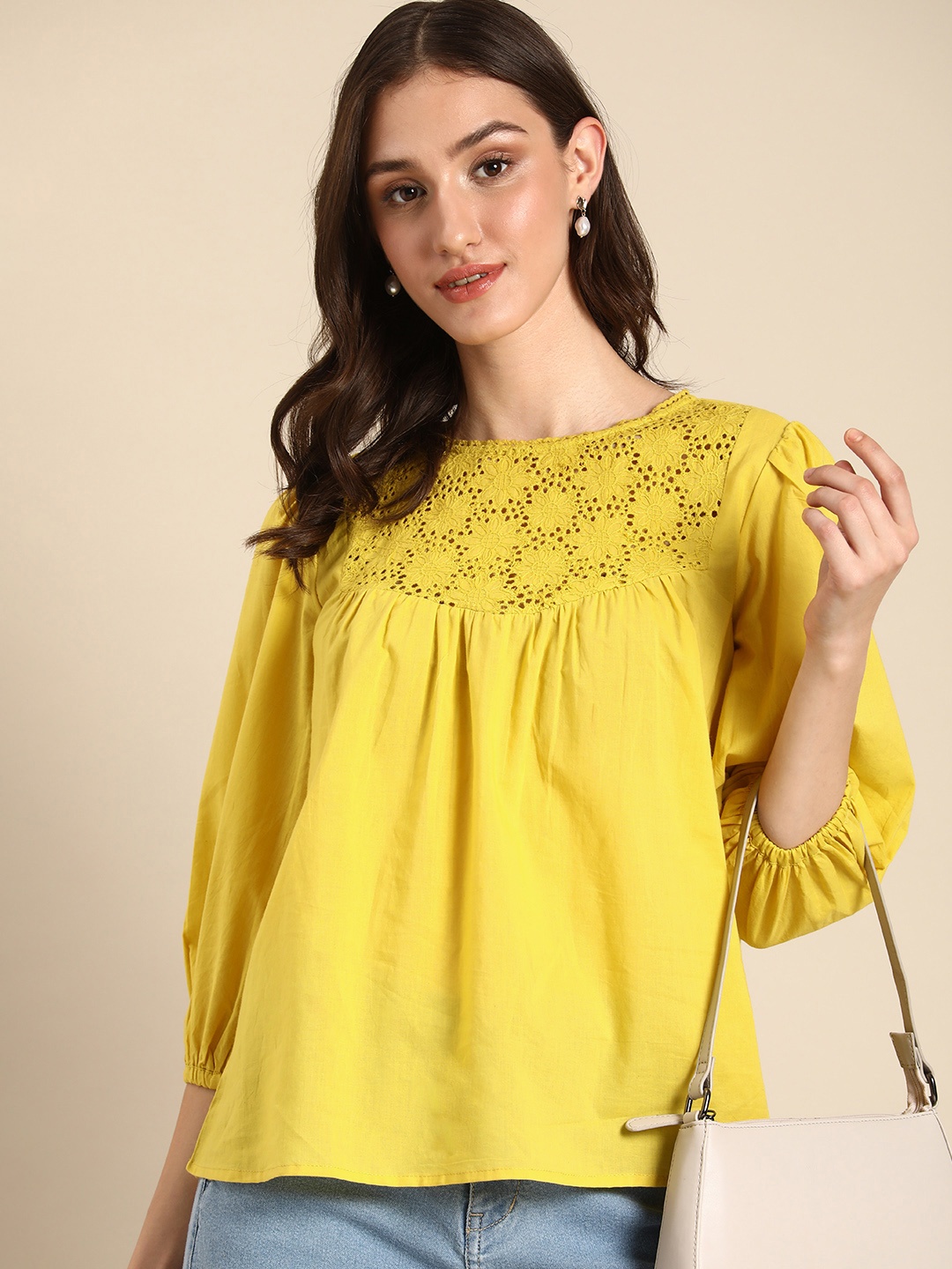 

all about you Pure Cotton Puff Sleeve Floral Schiffli Top, Yellow