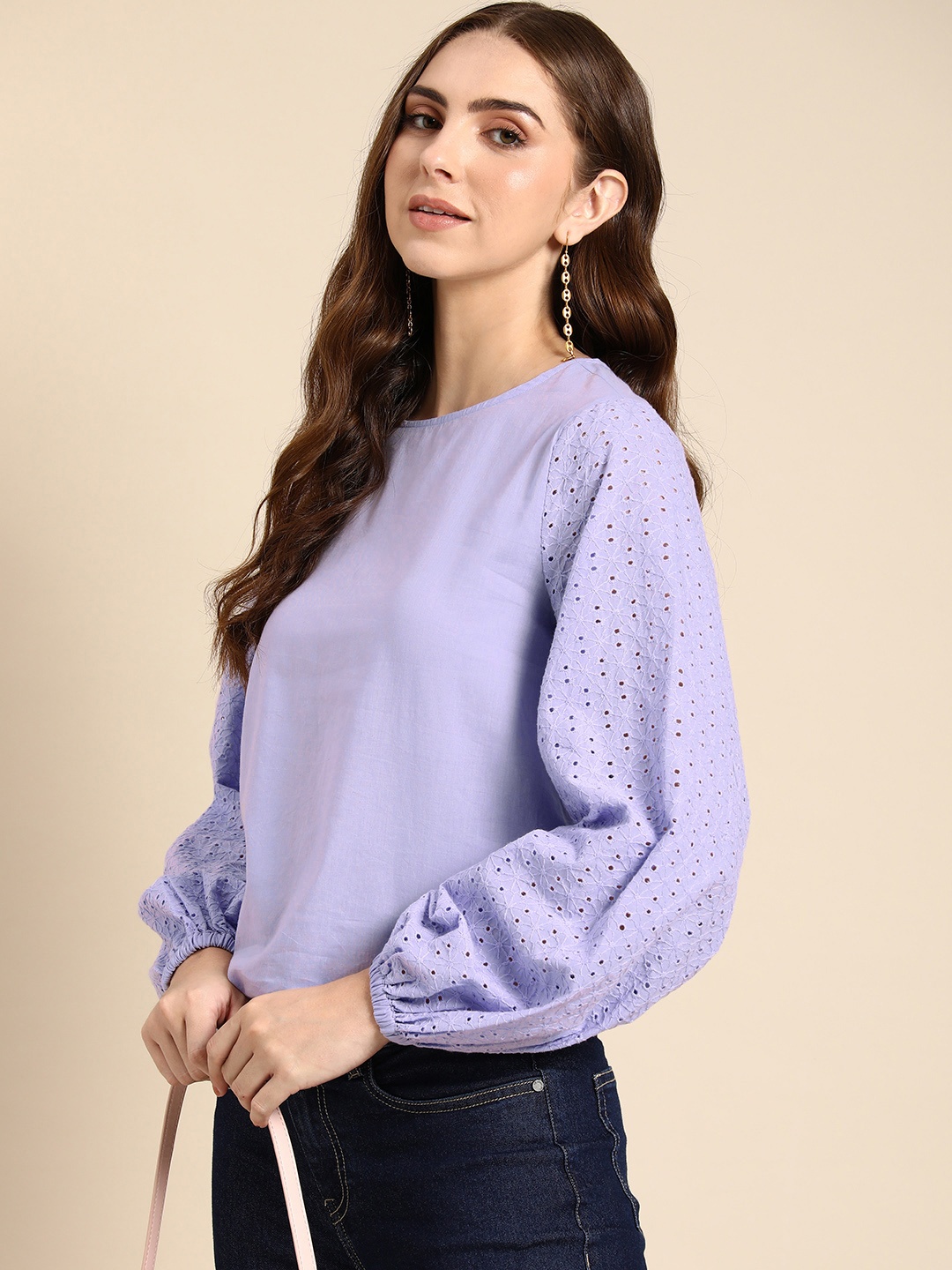 

all about you Round Neck Puff Sleeves With Schiffli Detail Pure Cotton Top, Lavender