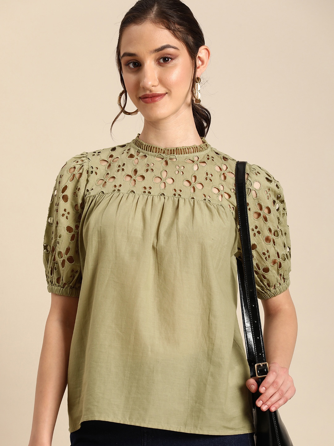 

all about you Puff Sleeve Pure Cotton Schiffli Top, Olive