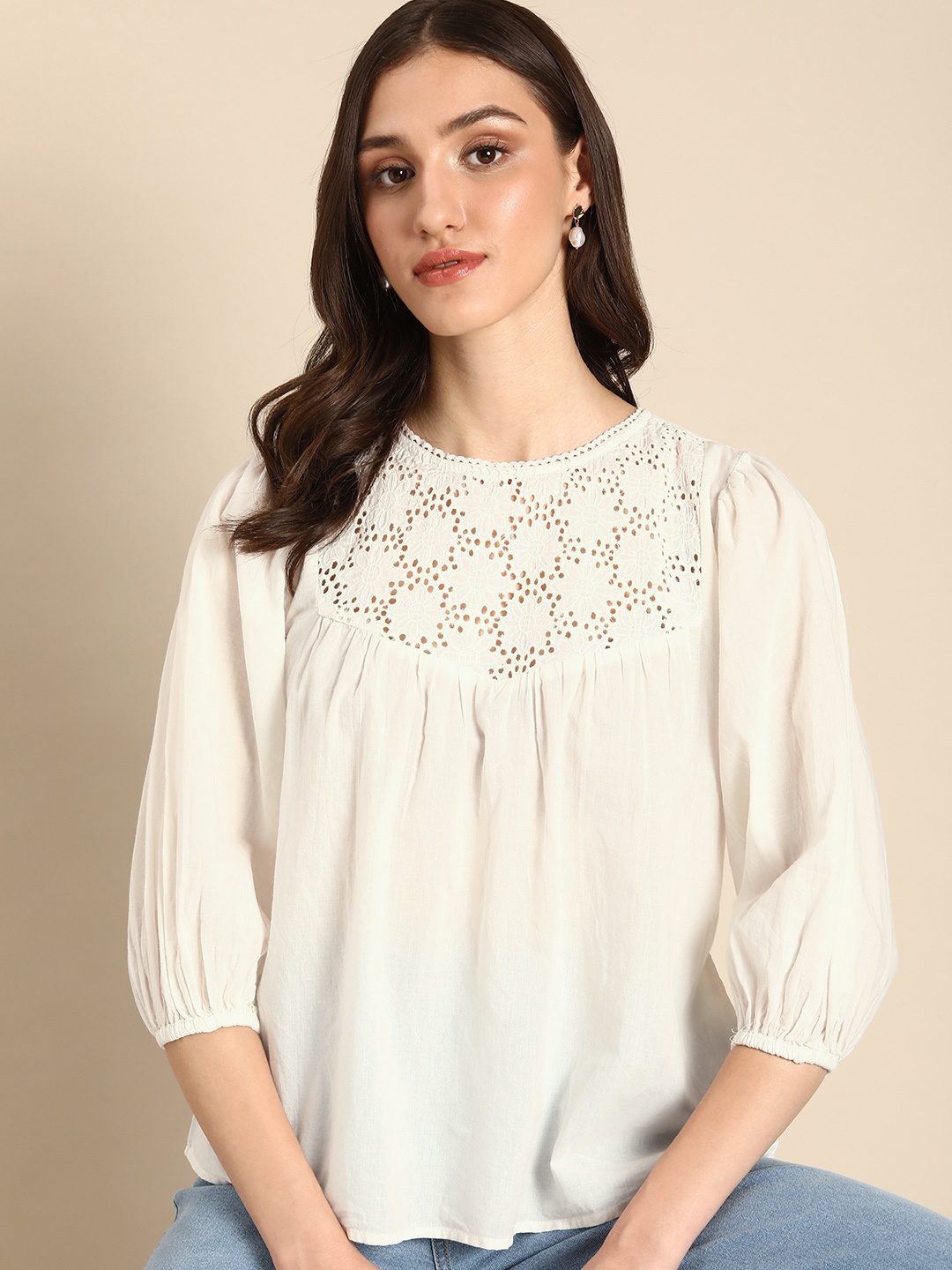

all about you Pure Cotton Puff Sleeve Floral Schiffli Top, White