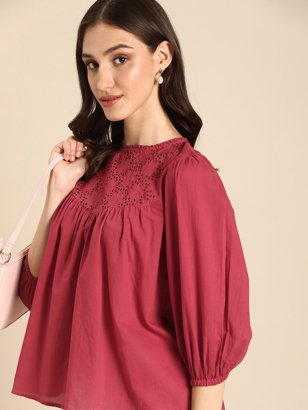 

all about you Pure Cotton Puff Sleeve Floral Schiffli Top, Red