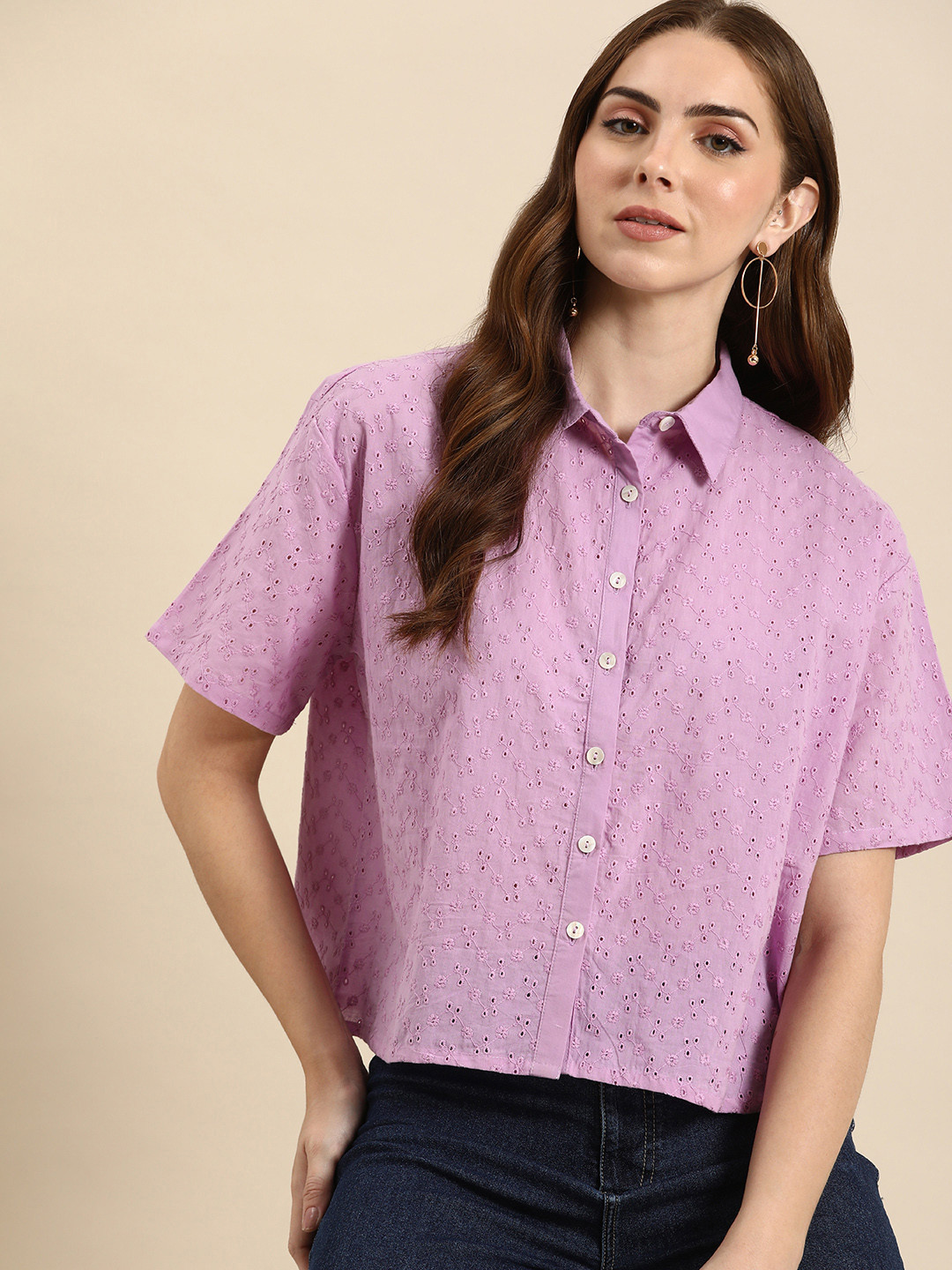 

all about you Pure Cotton Self Design Textured Casual Schiffli detail Shirt, Purple