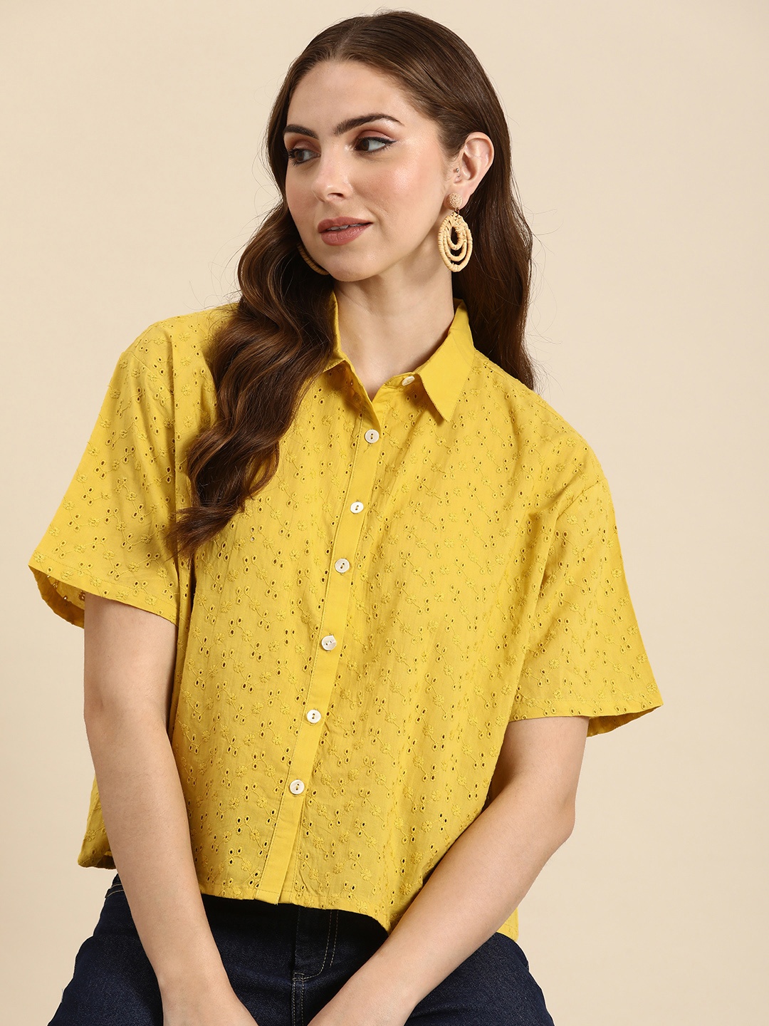 

all about you Pure Cotton Self Design Textured Casual Schiffli detail Shirt, Yellow