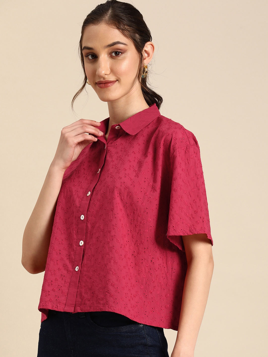 all about you Floral Pure Cotton Schiffli Casual Shirt, Red