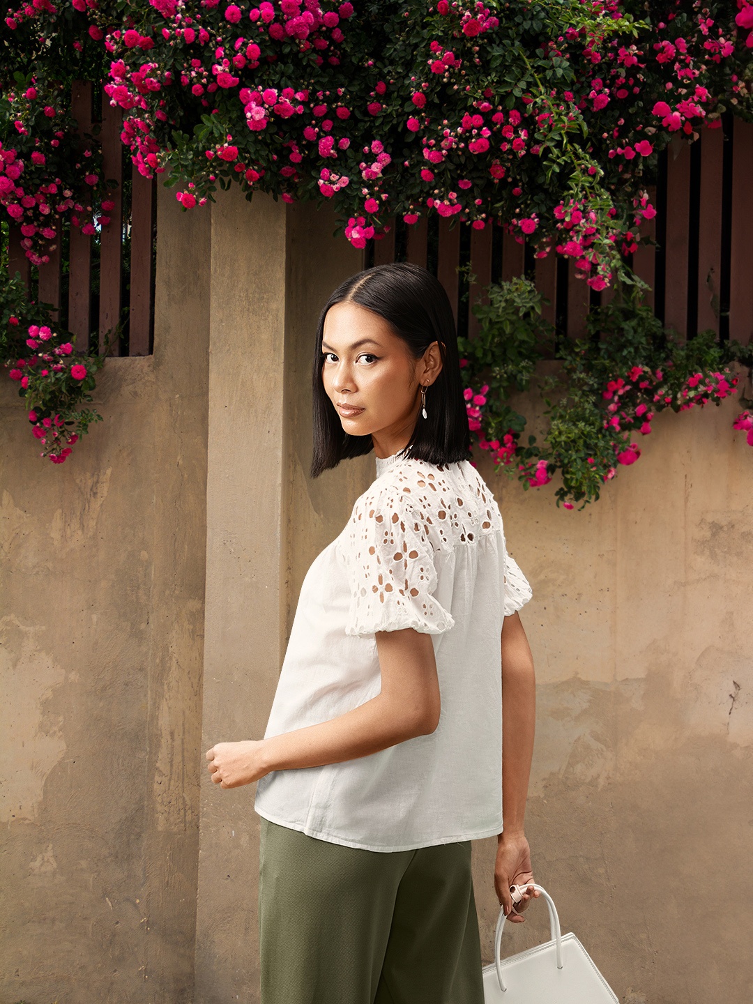 

all about you Pure Cotton Self Design Puff Sleeve Schiffli detail Top, White