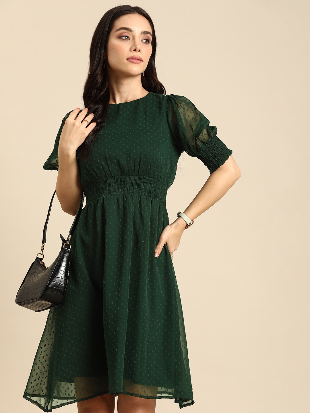 

all about you Round Neck Smocked Fit & Flare Dobby Dress, Green