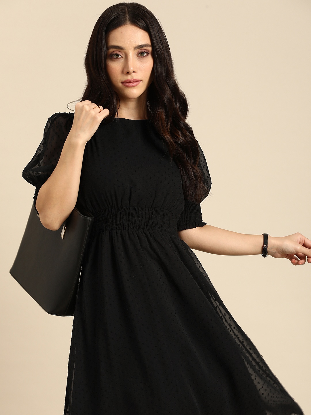 

all about you Round Neck Smocked Fit & Flare Dobby Dress, Black