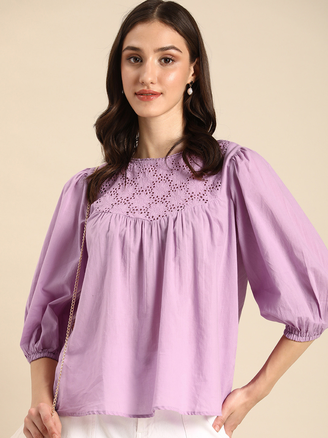 

all about you Pure Cotton Puff Sleeve Floral Schiffli Top, Lavender