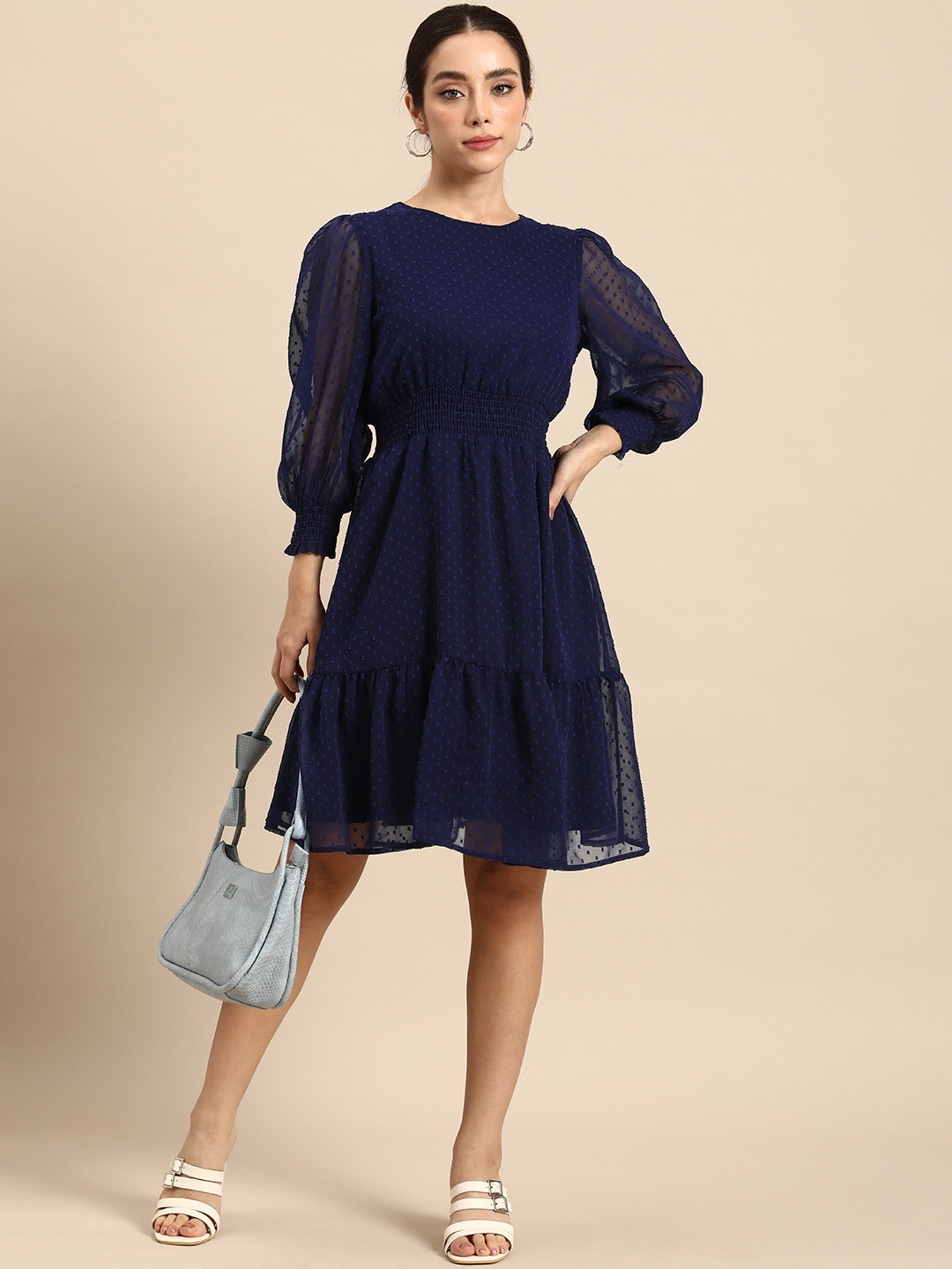 

all about you Self-Design Smocked Flounce Hem Fit and Flare Dress, Navy blue