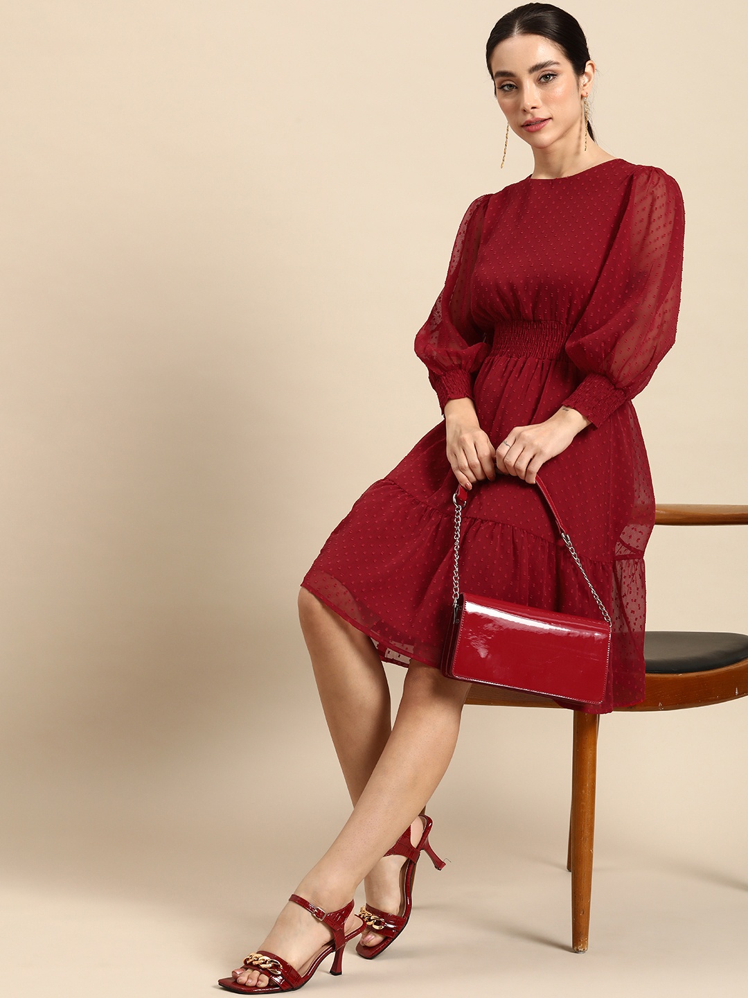 

all about you Self-Design Smocked Flounce Hem Fit and Flare Dress, Maroon