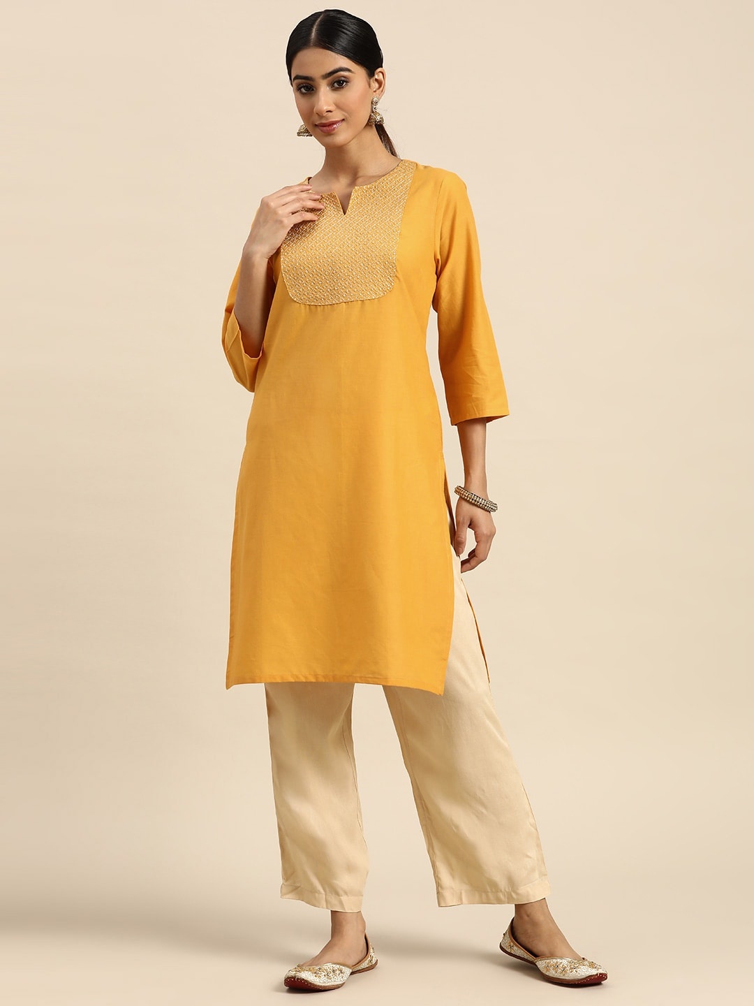 

all about you Women Yoke Zari Detail Kurta, Mustard