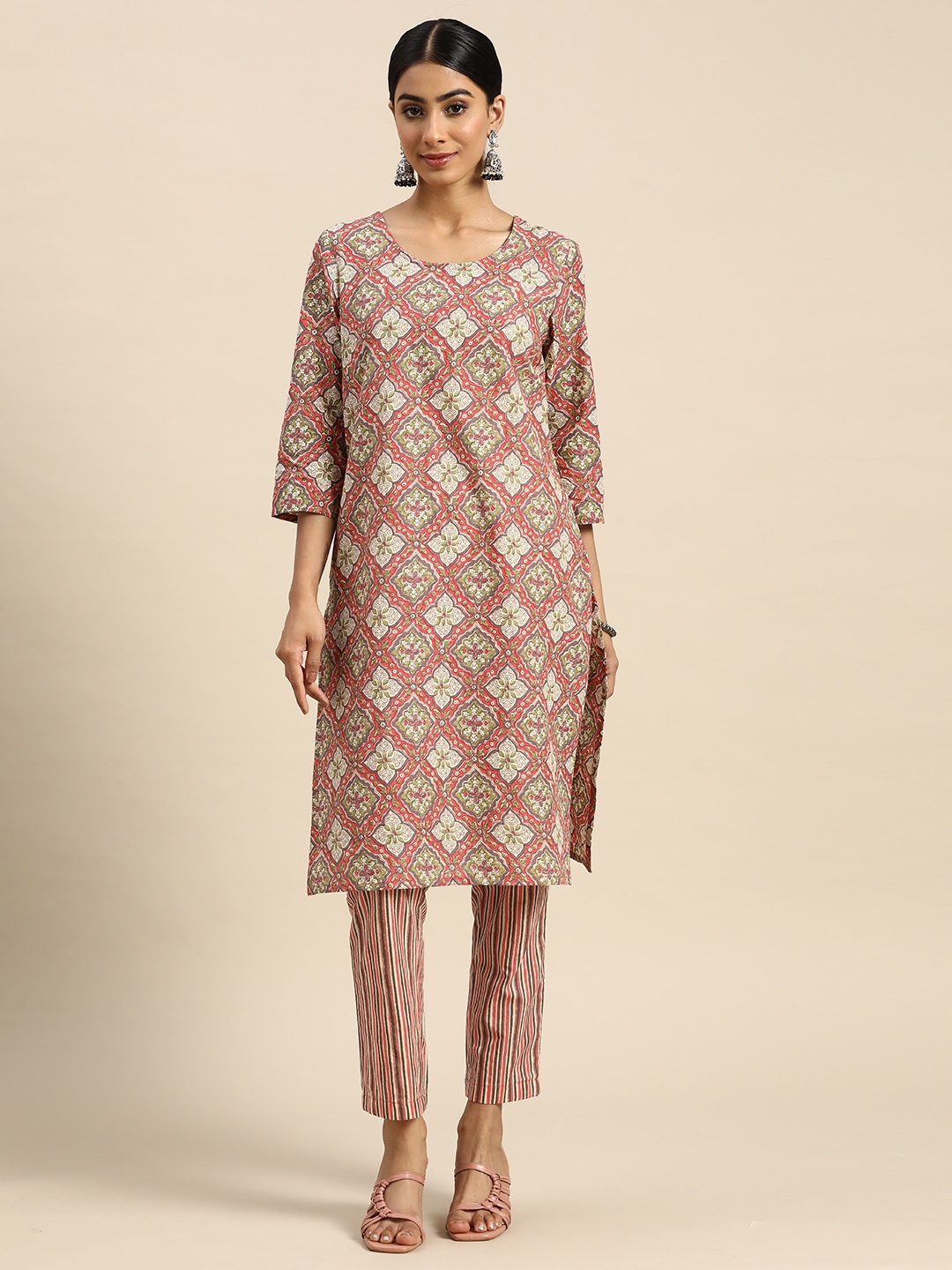 

all about you Ethnic Motifs Printed Pure Cotton Kurta with Trousers, Peach