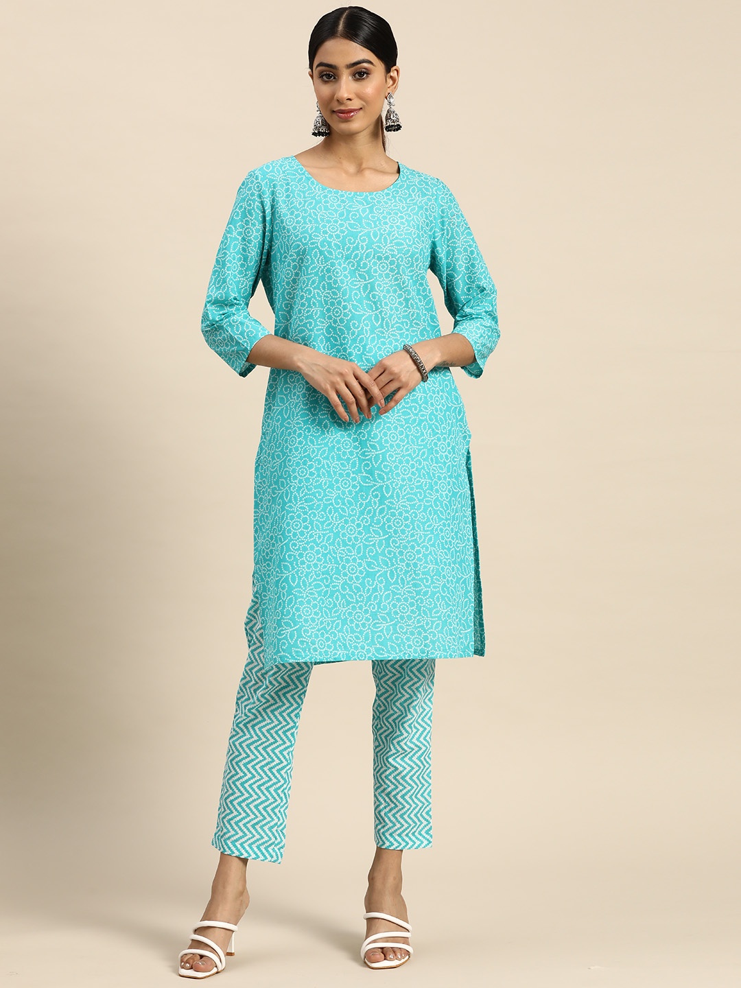 

all about you Bandhani Printed Regular Kurta with Trousers, Blue