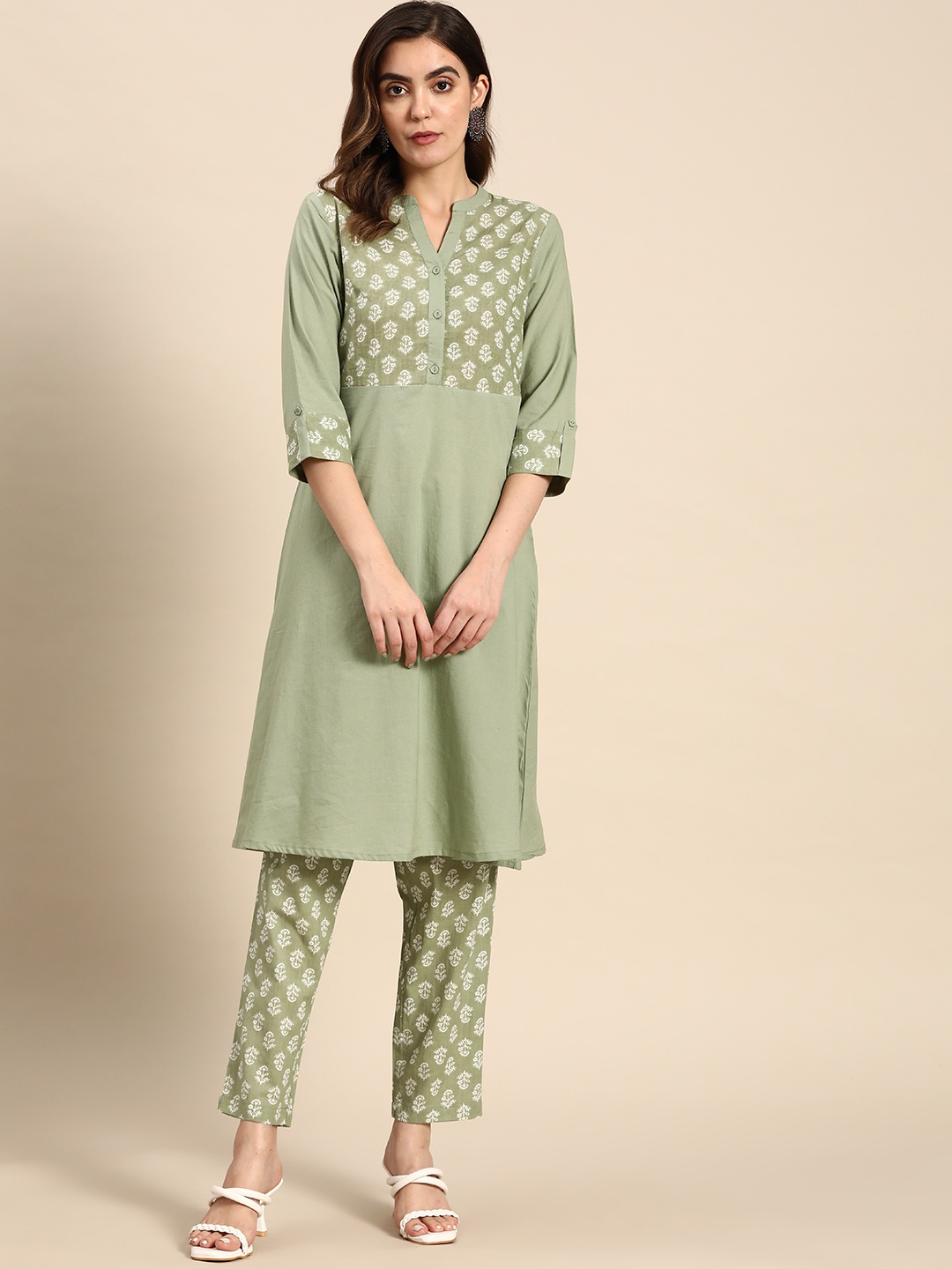 

all about you Women Pure Cotton Ethnic Motifs Printed Kurta with Trousers, Green