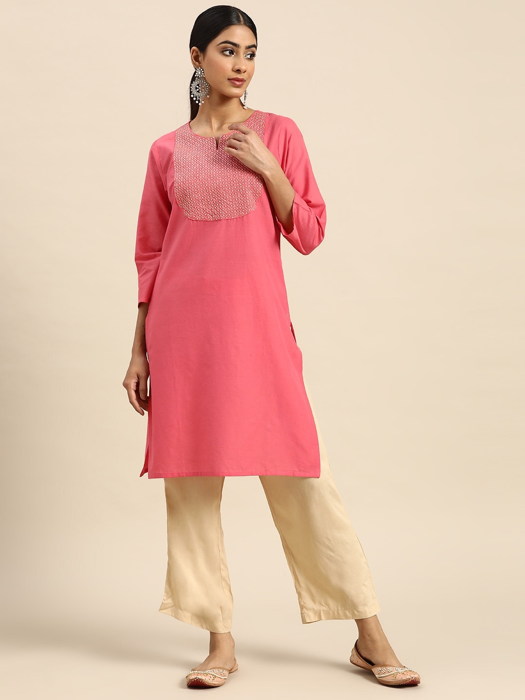 

all about you Women Yoke Zari Detail Kurta, Pink