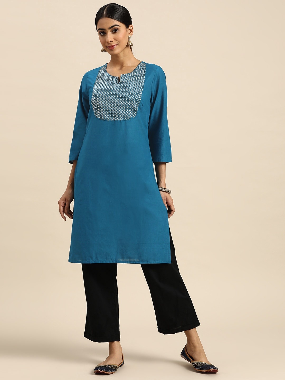 

all about you Women Yoke Zari Detail Kurta, Teal