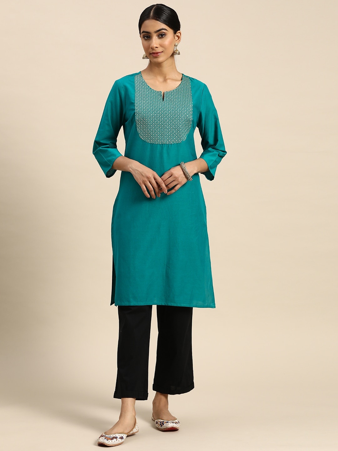 

all about you Women Yoke Zari Detail Kurta, Teal
