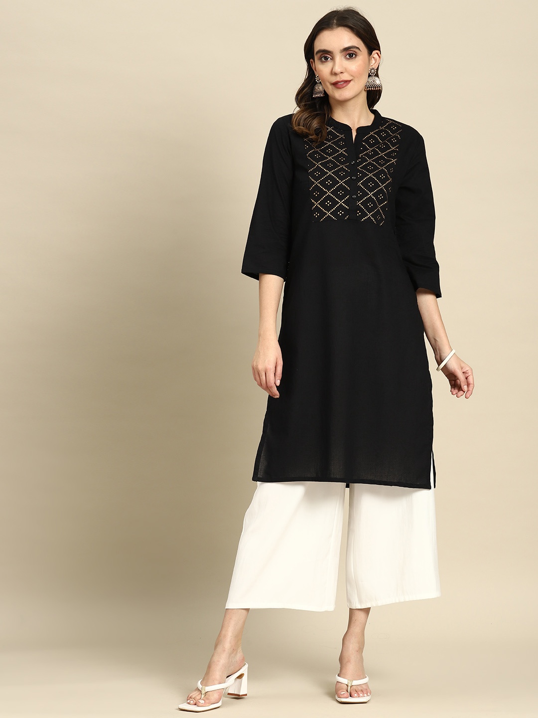 

all about you Pure Cotton Yoke Design Straight Kurta, Black