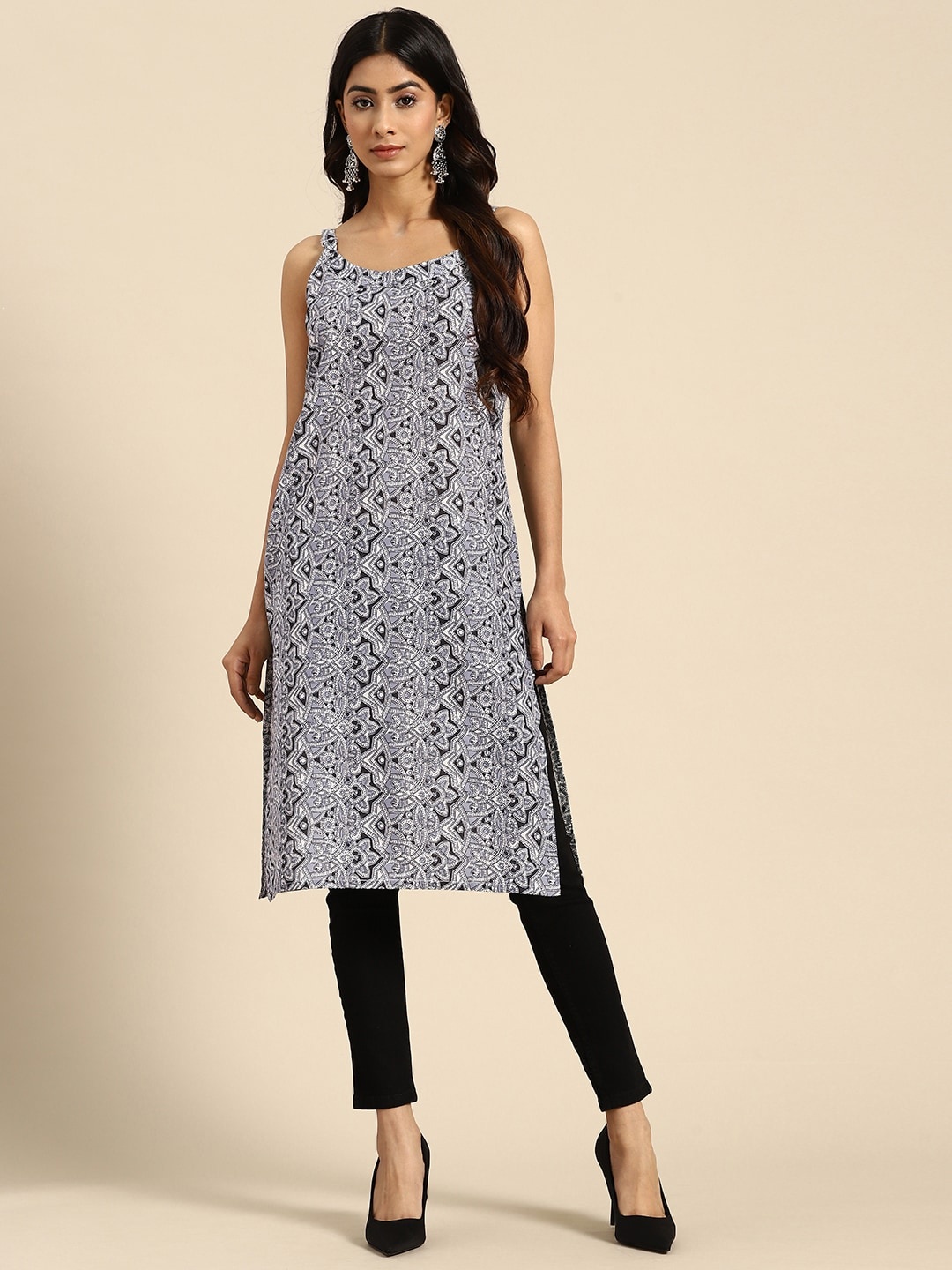 

all about you Pure Cotton Ethnic Motifs Printed Kurta, Grey