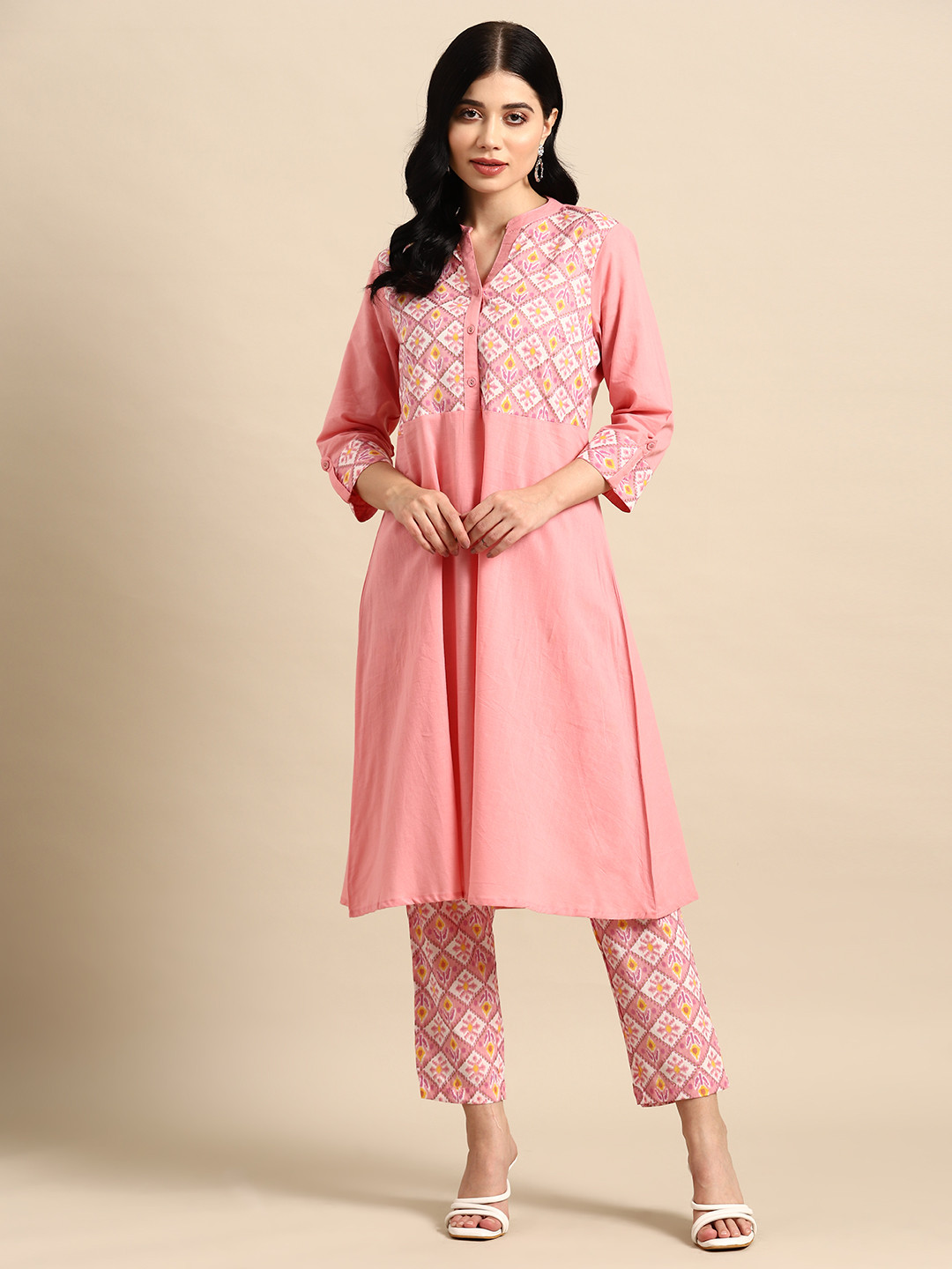 

all about you Ethnic Ikat Print Straight Kurta with Trousers, Pink