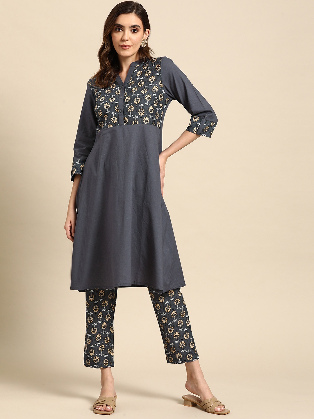 

all about you Women Motifs Yoke Design A-Line Kurta with Trousers, Charcoal