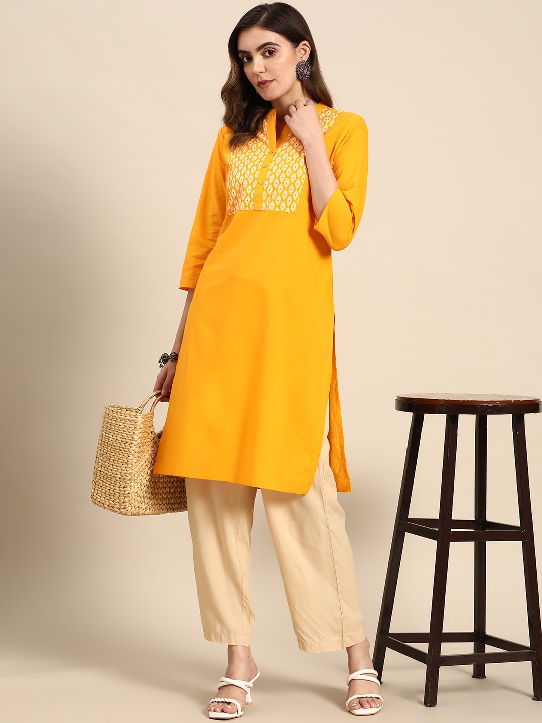 

all about you Women Pure Cotton Ethnic Motifs Printed Yoke Design Kurta, Yellow