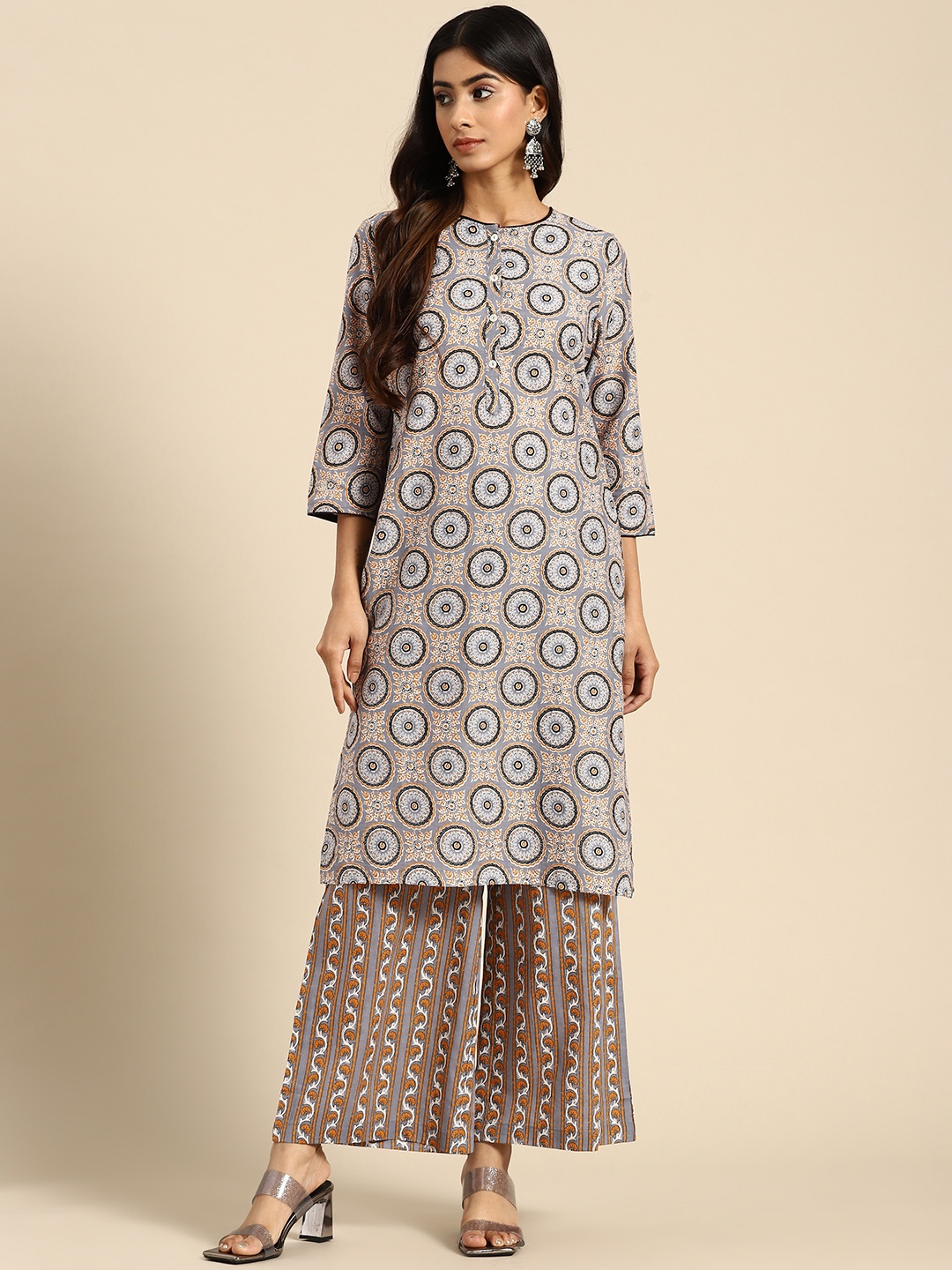 

all about you Ethnic Motifs Printed Kurta with Palazzos, Grey