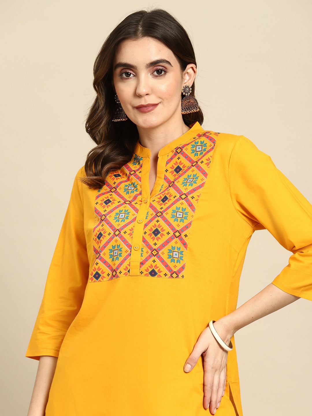 

all about you Pure Cotton Ethnic Motifs Yoke Design Straight Kurta, Mustard
