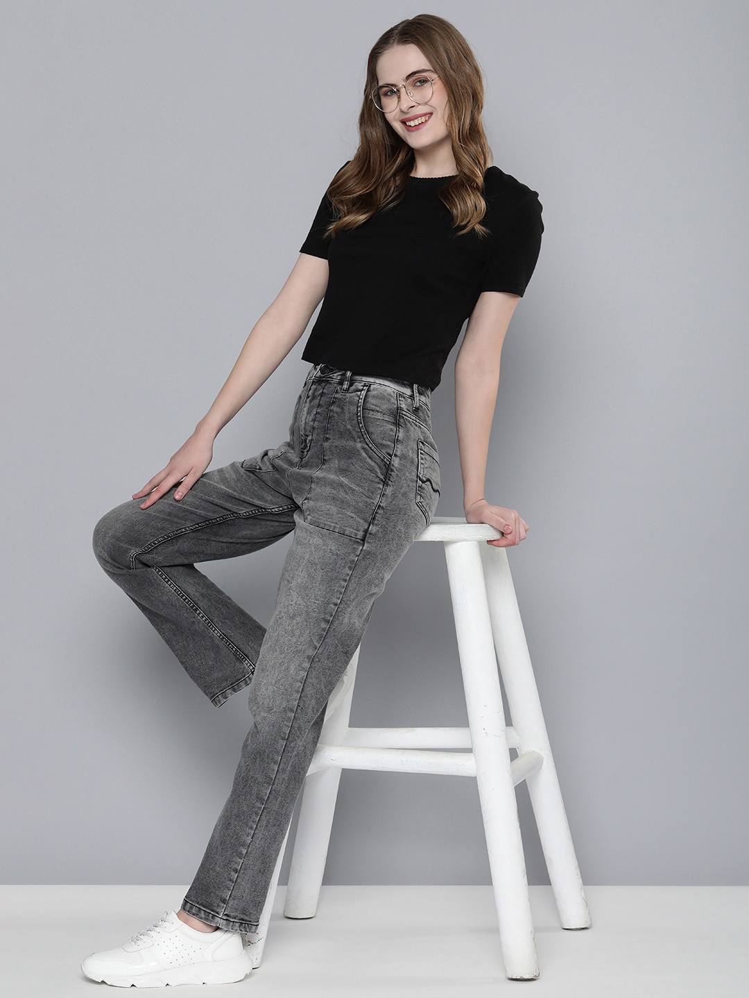 

Mast & Harbour Straight Fit High-Rise Light Fade Stretchable Jeans, Charcoal