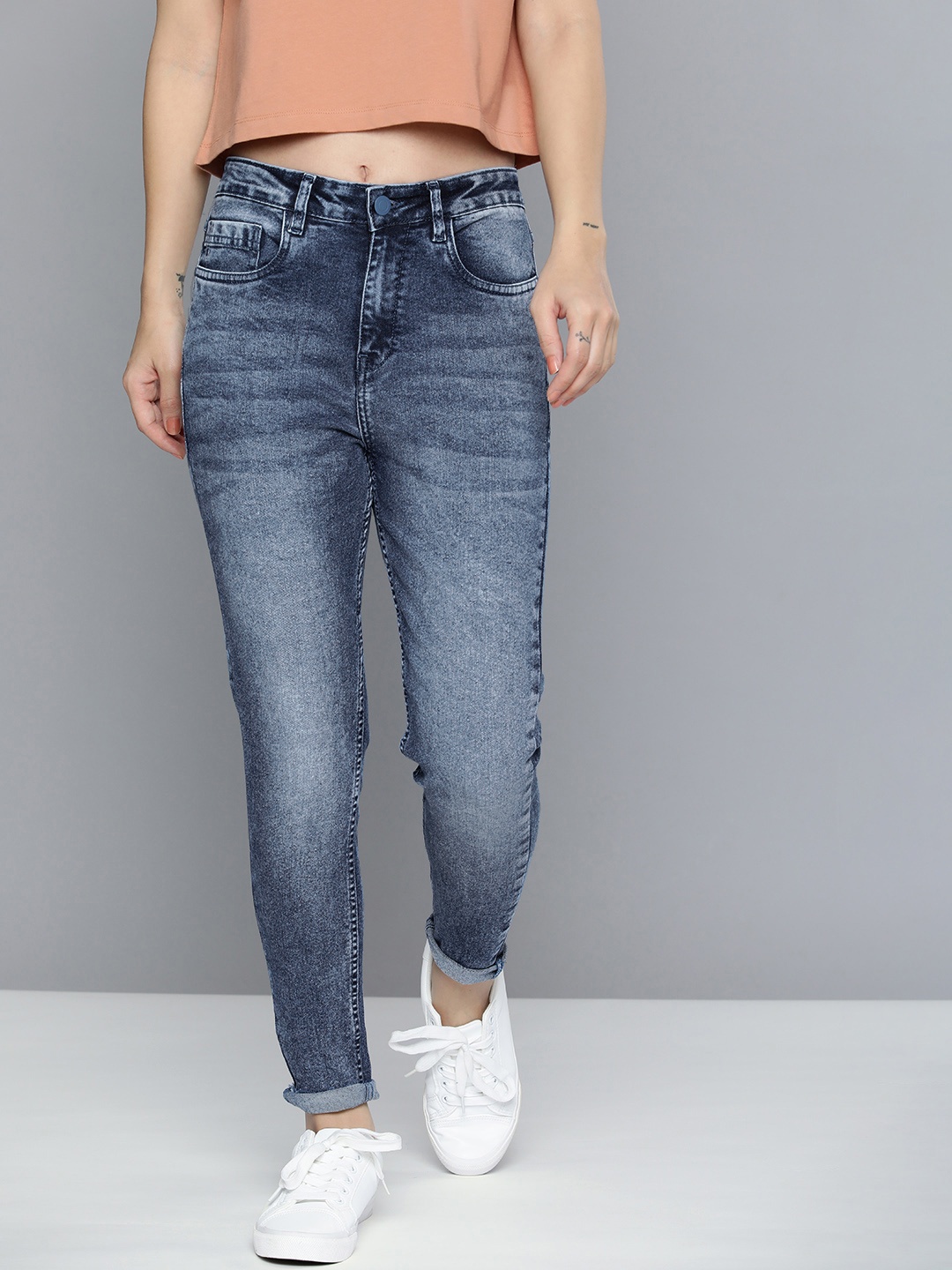 

Mast & Harbour Women Skinny Fit High-Rise Heavy Fade Stretchable Jeans, Blue