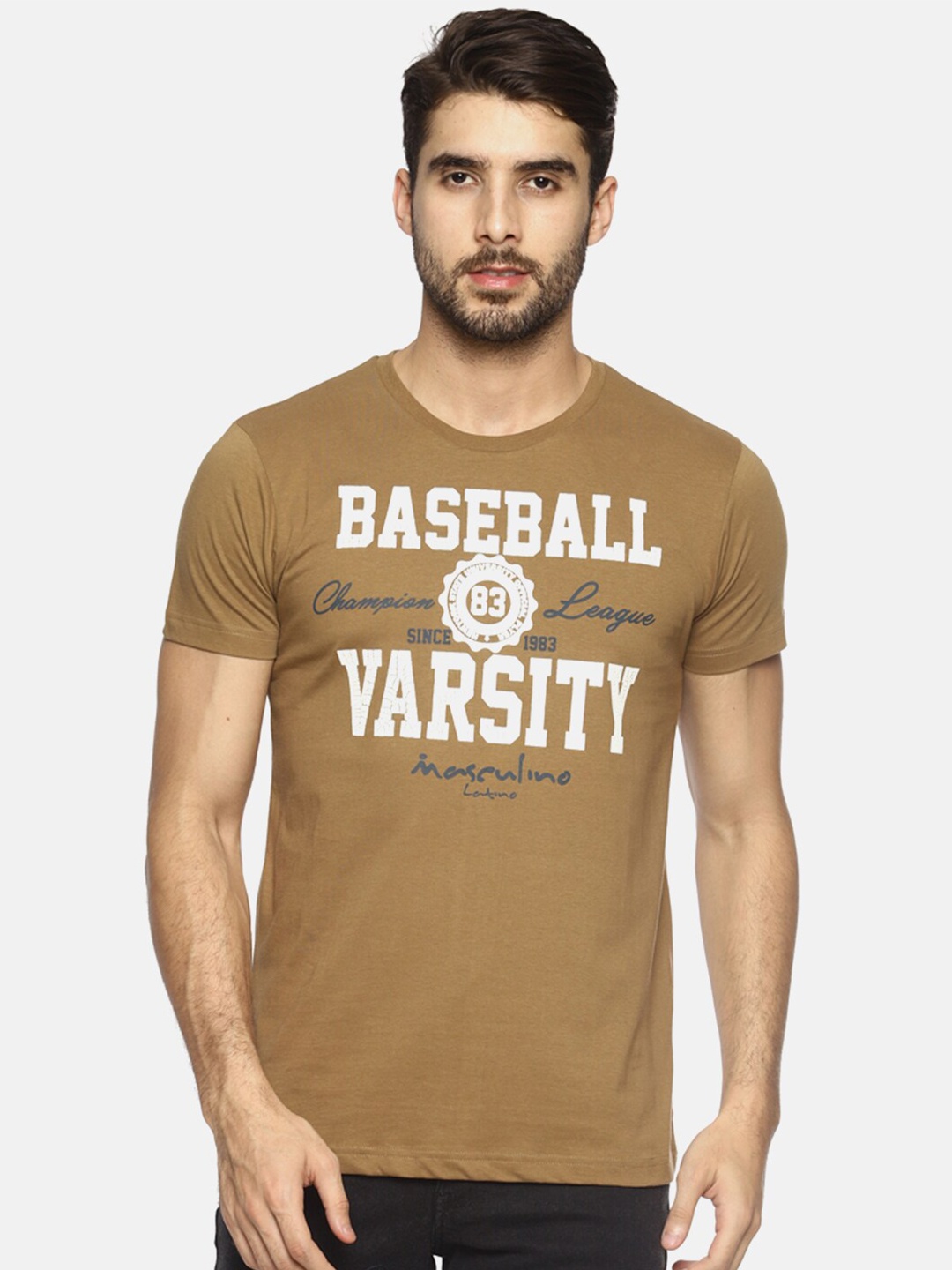 Masculino Latino Men Typography Printed Cotton T-shirt, Khaki