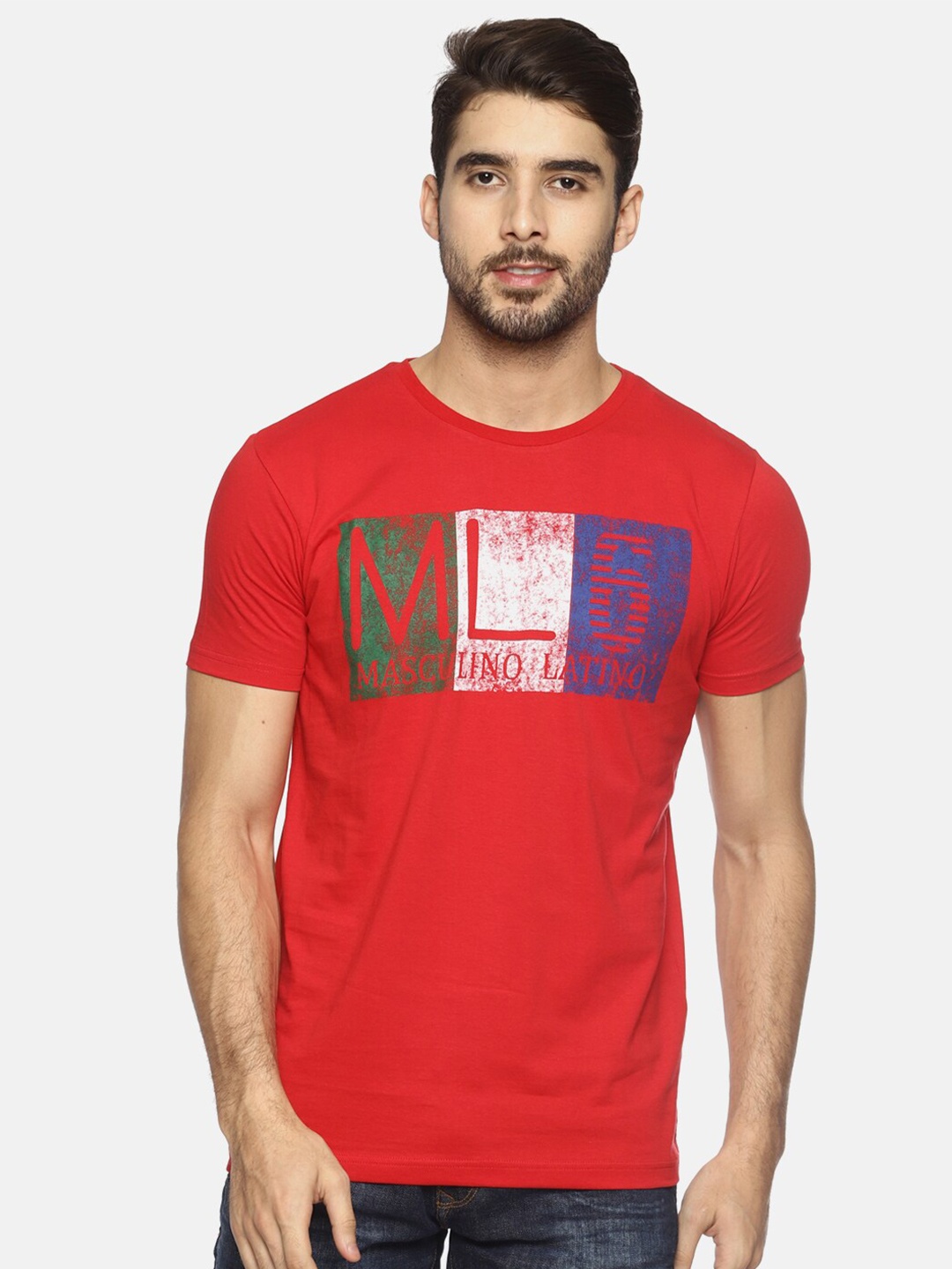 

Masculino Latino Men Typography Printed Cotton T-shirt, Red