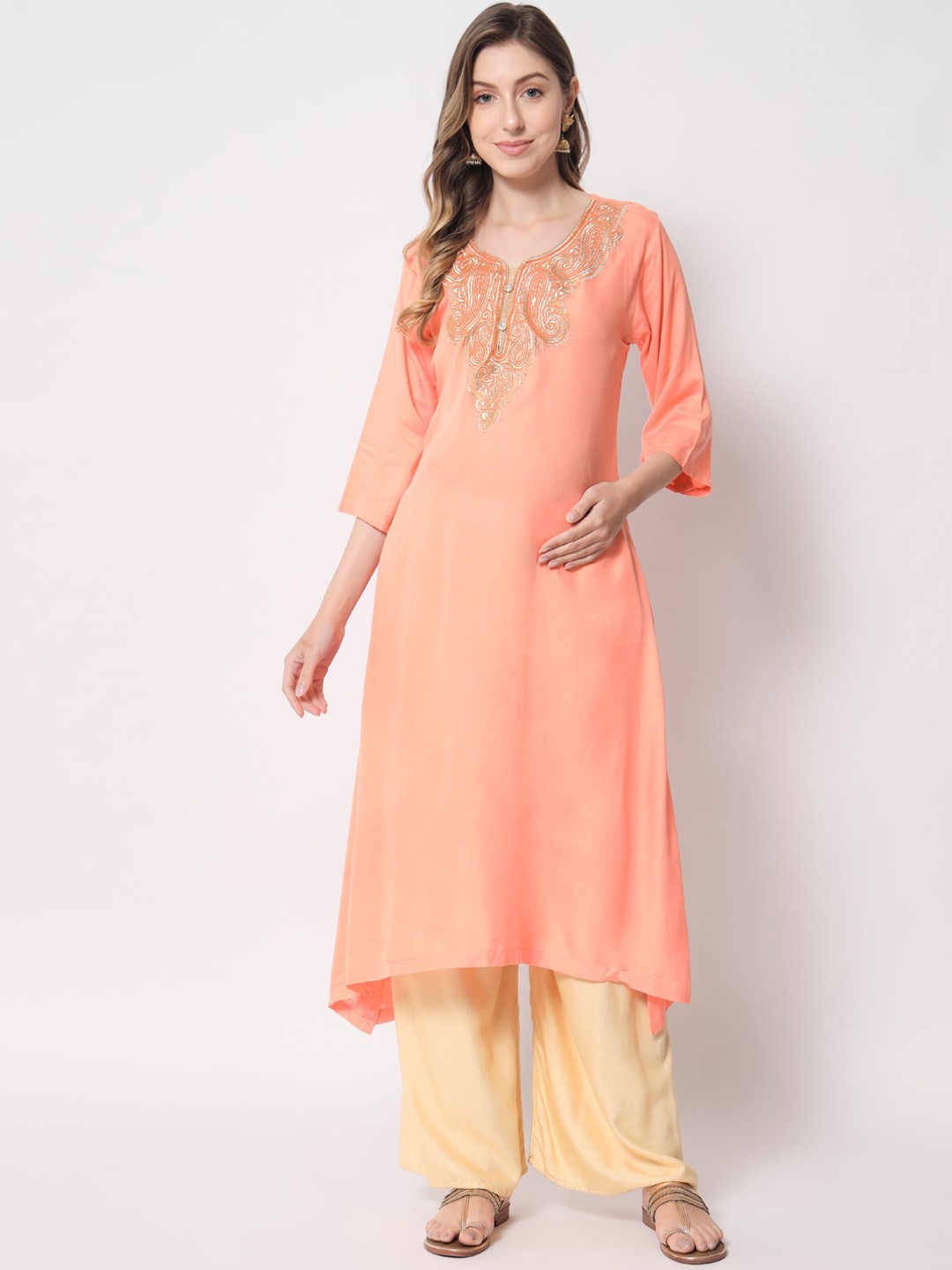 

Aujjessa Women Ethnic Motifs Yoke Design Maternity Kurta, Peach