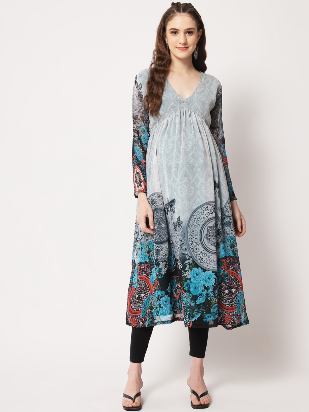 

Aujjessa Women Printed Maternity Georgette Kurta, Off white