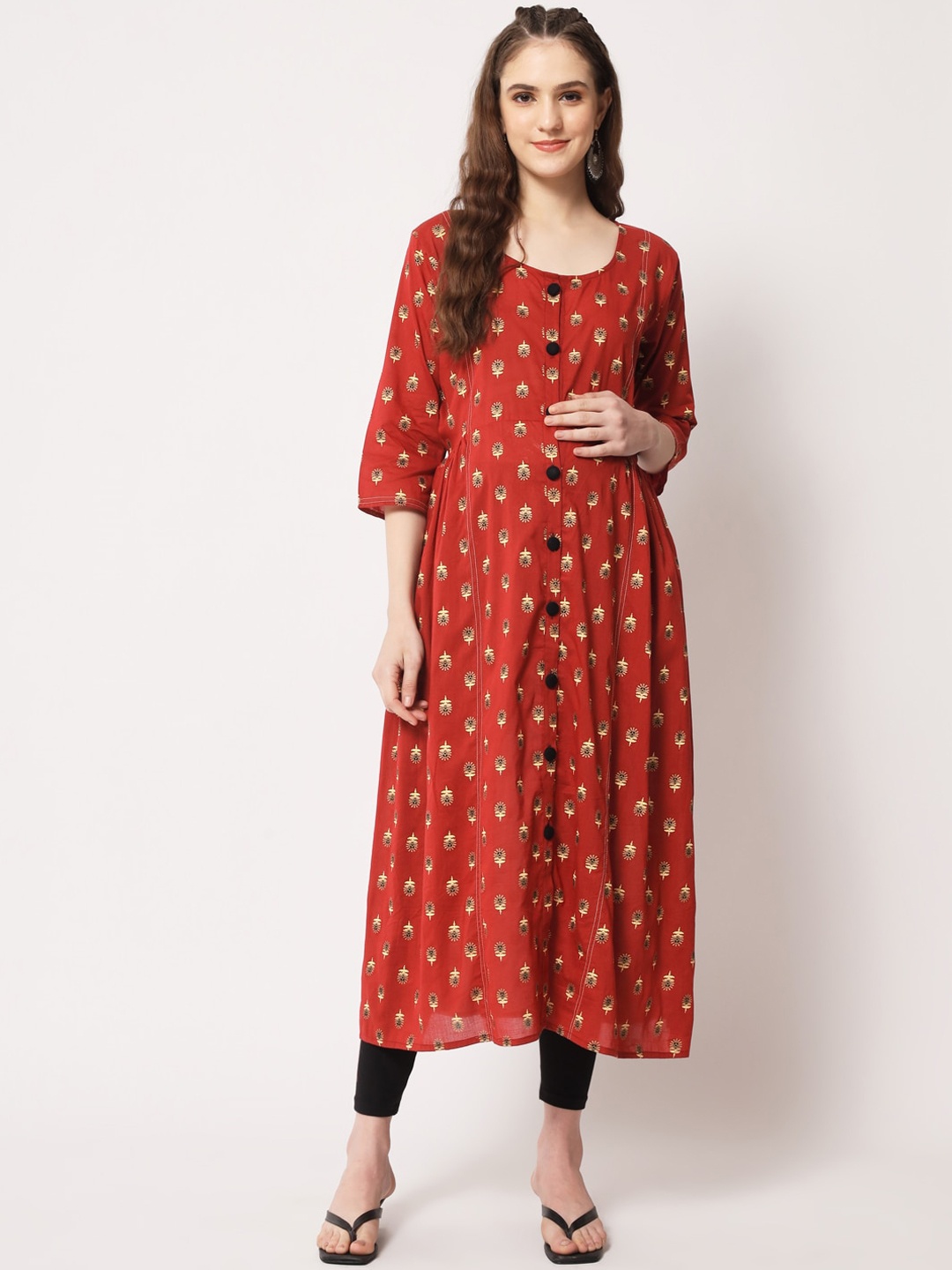 

Aujjessa Floral Printed Maternity A-Line Regular Fit Cotton Kurta, Maroon
