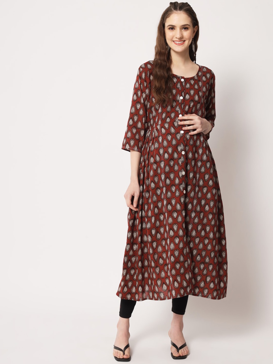 

Aujjessa Ethnic Motifs Printed Maternity Regular Fit Cotton Kurta, Maroon