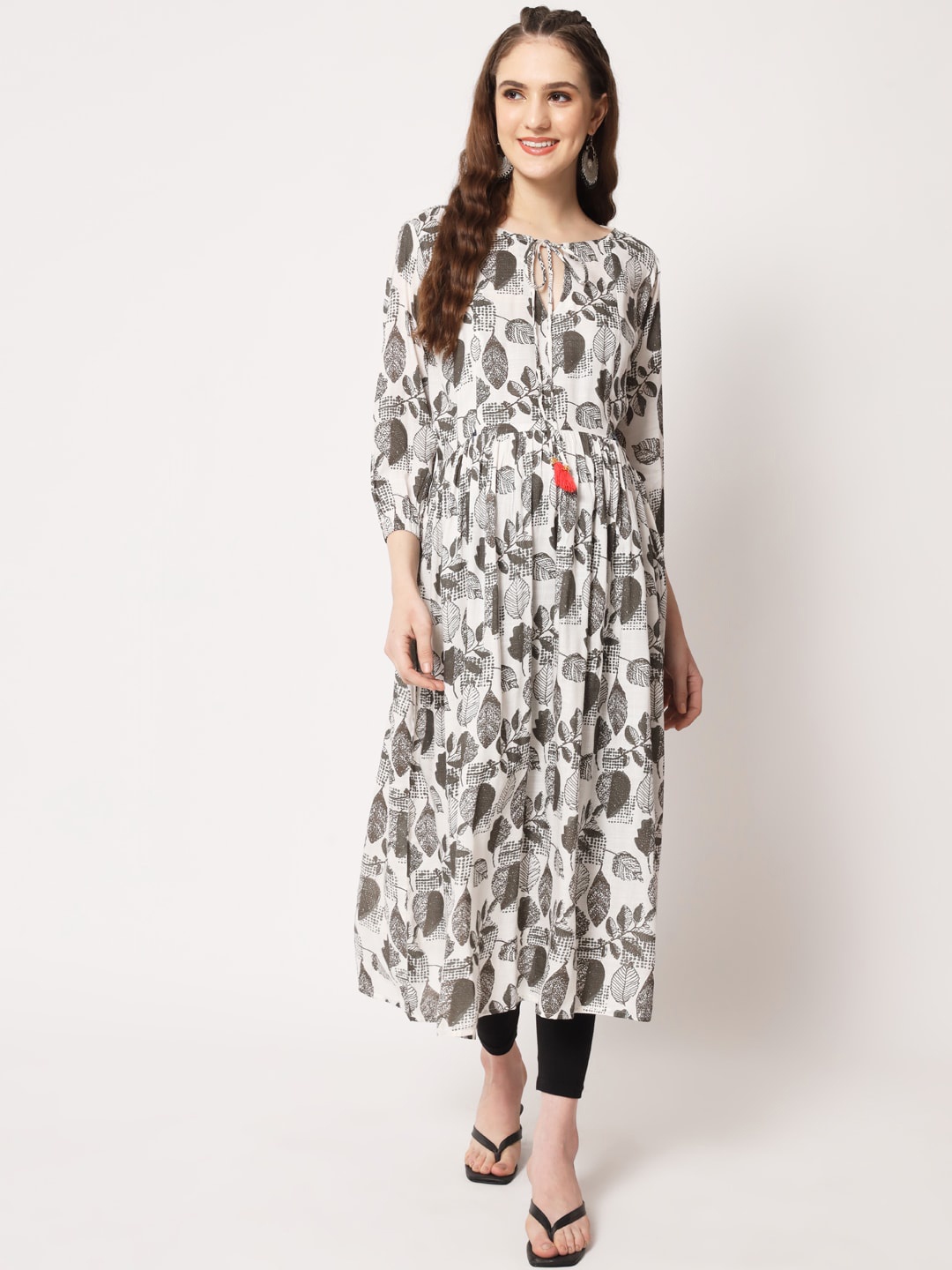 

Aujjessa Women Floral Printed Keyhole Neck Maternity Anarkali Kurta, Cream
