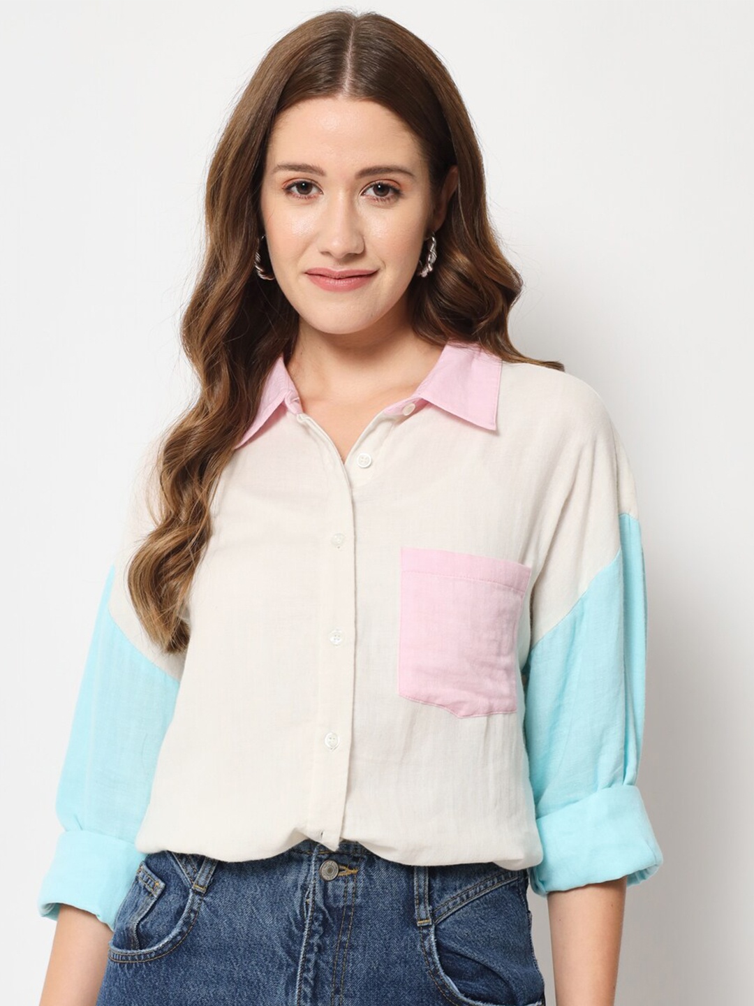 

CHARMGAL Women Classic Colourblocked Cotton Casual Shirt, Cream