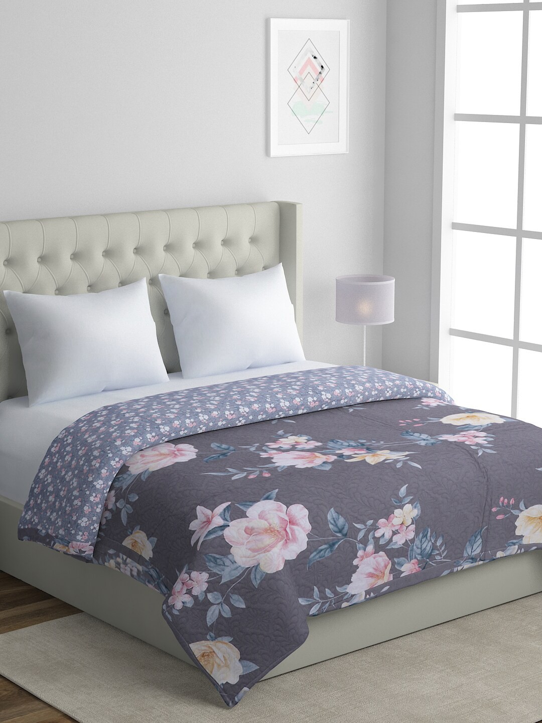 

A Homes Grace Bluebird Grey & Pink Floral Microfiber AC Room 120 GSM Double Bed Comforter