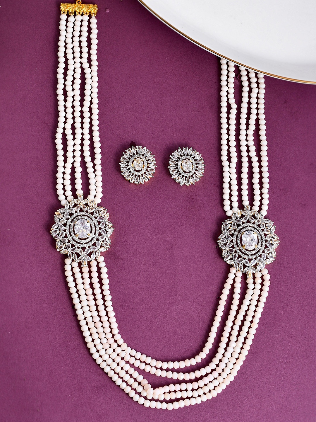 

Silvermerc Designs Silver-Plated AD Studded Long Layered Jewellery Set, Off white