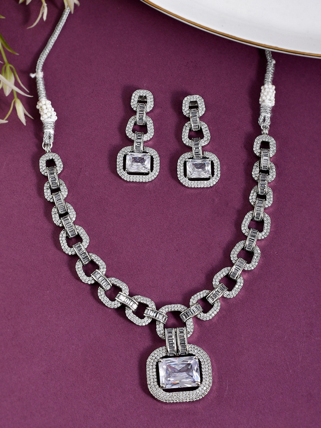 

Silvermerc Designs Silver-Plated American Diamond-Studded Jewellery Set