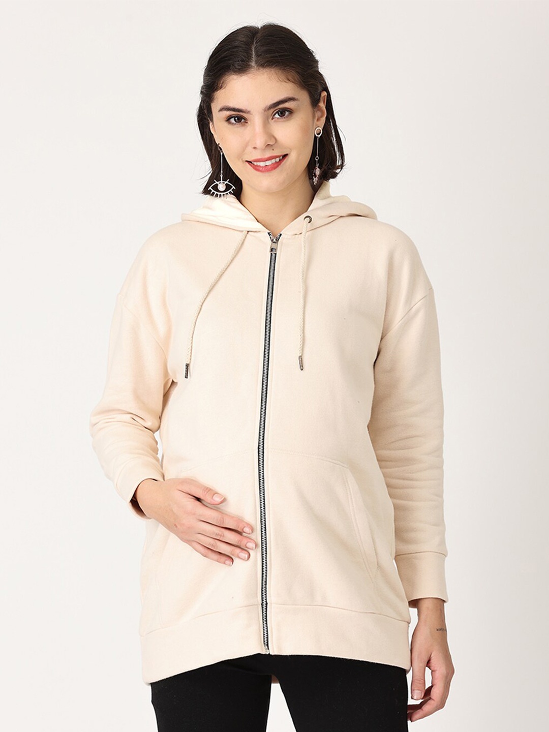 

The Mom Store Women Oversized Maternity Hooded Sweatshirt, Beige