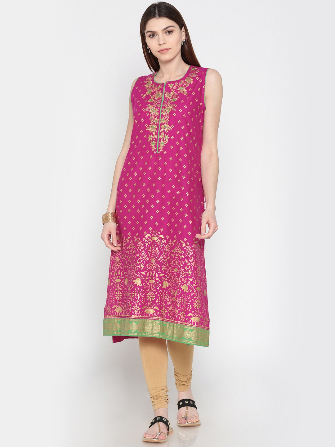 

Biba Women Pink & Golden Printed Straight Kurta