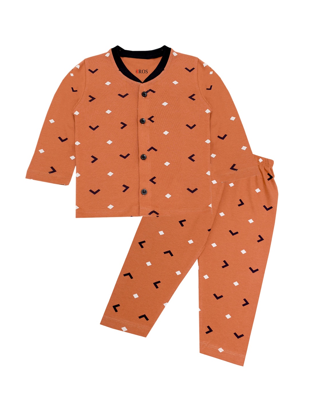 

3BROS Girls Printed Pure Cotton Long Sleeves Night suits, Rust