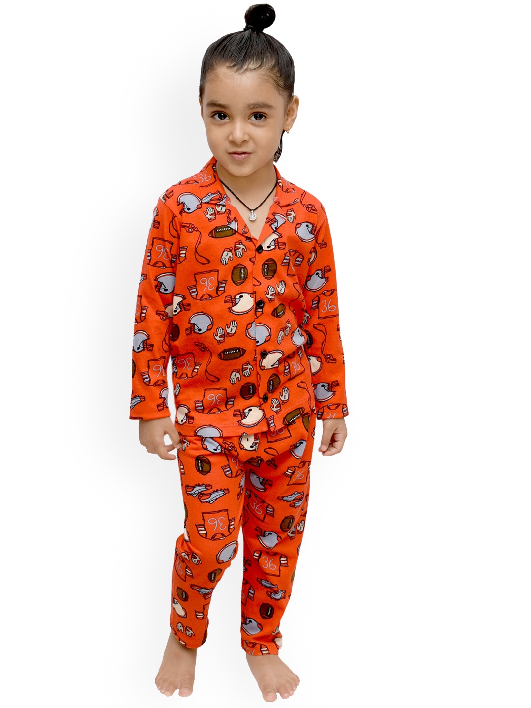 

3BROS Girls Printed Pure Cotton Night suit, Red
