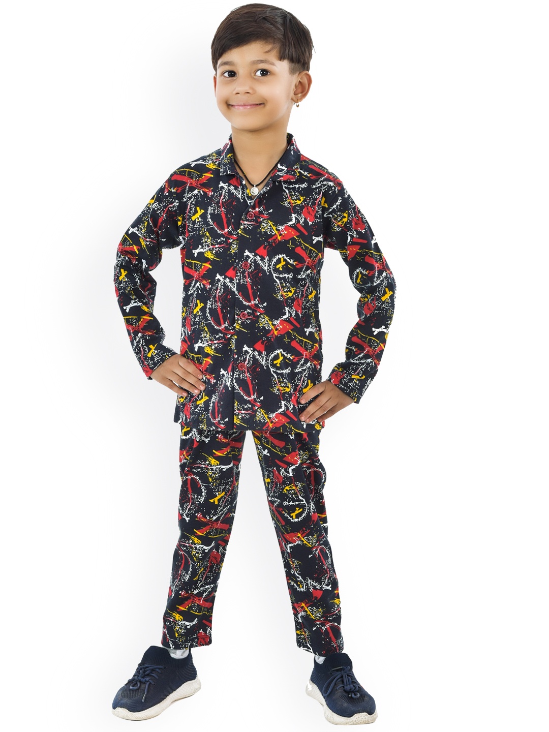 

3BROS Girls Printed Pure Cotton Night suit, Navy blue