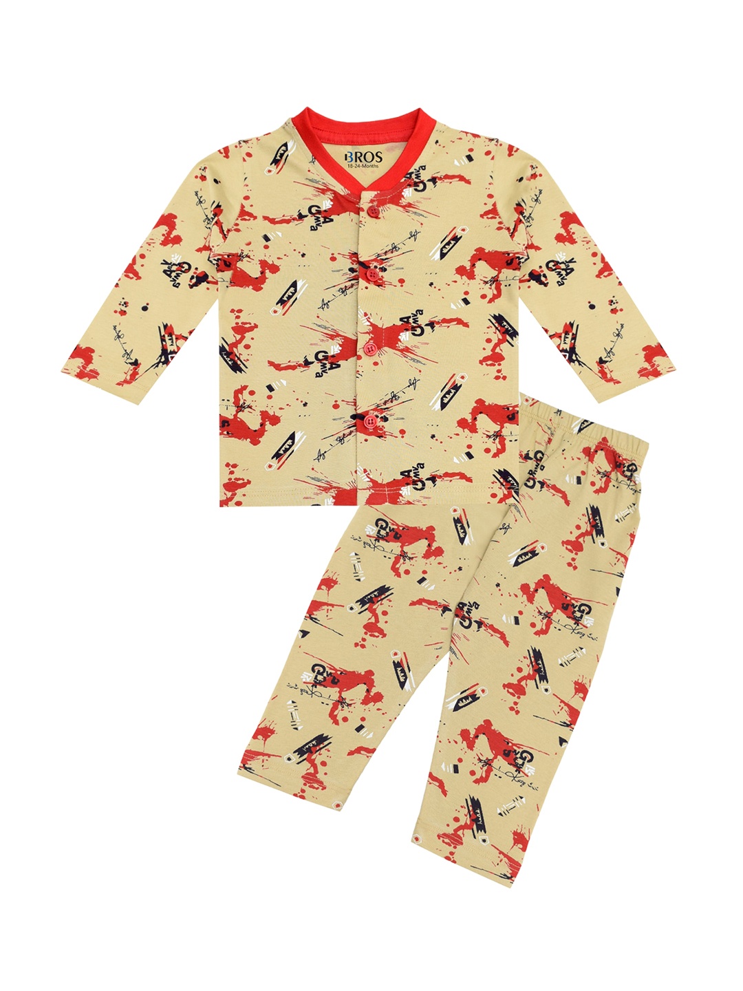 

3BROS Girls Printed Pure Cotton Night suit, Beige