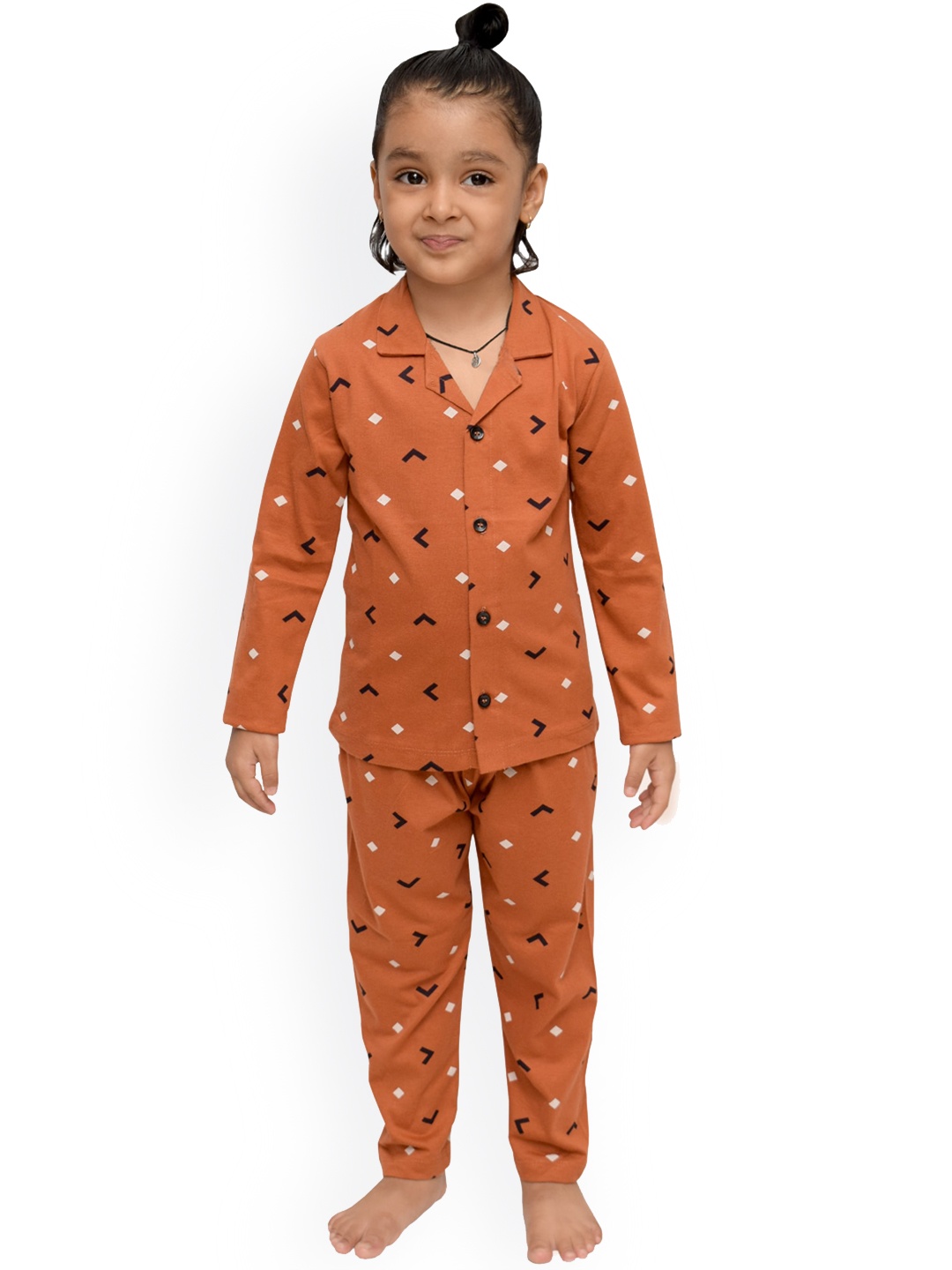 

3BROS Girls Printed Pure Cotton Night suit, Brown