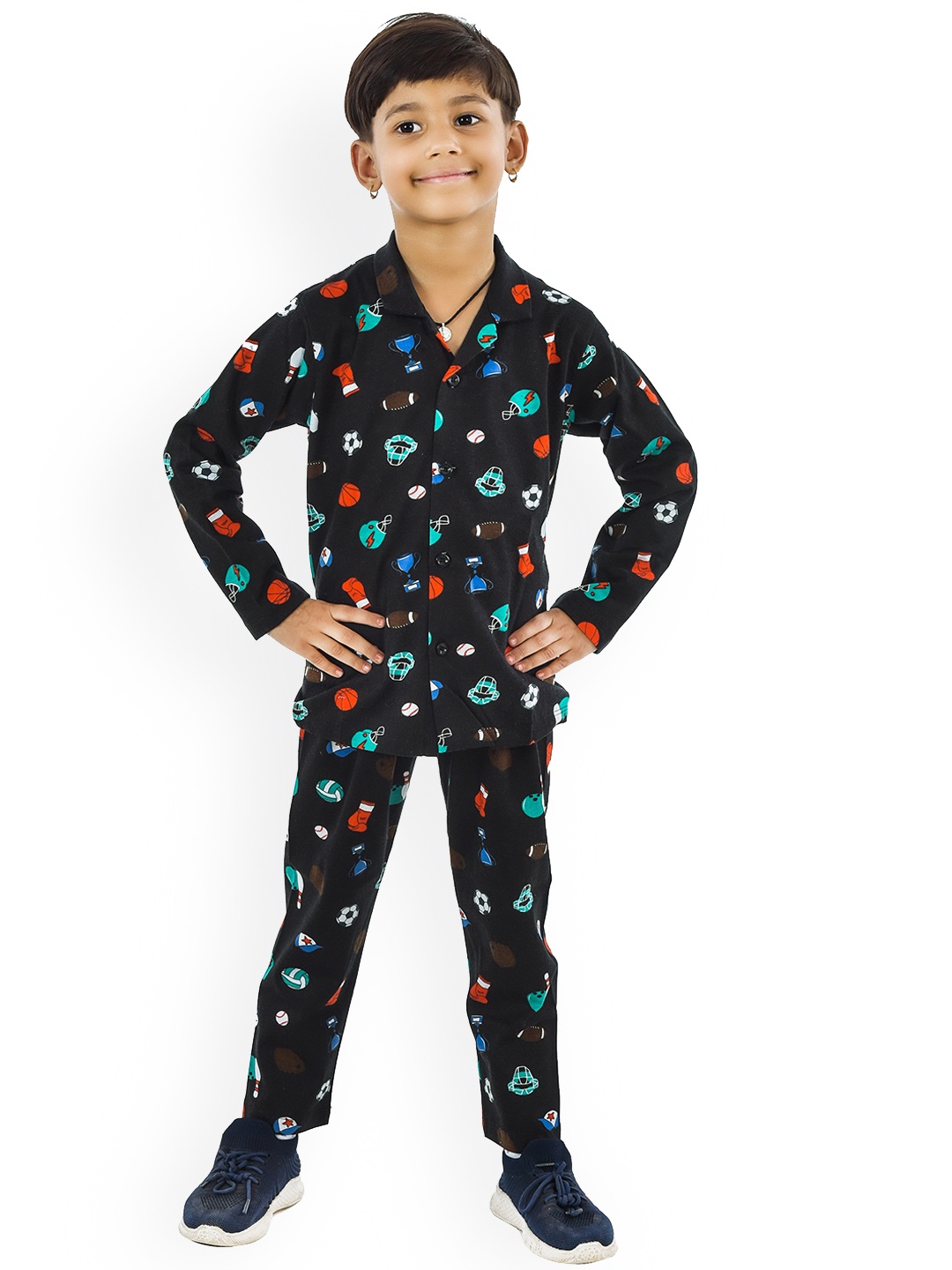 

3BROS Girls Printed Pure Cotton Night suit, Black